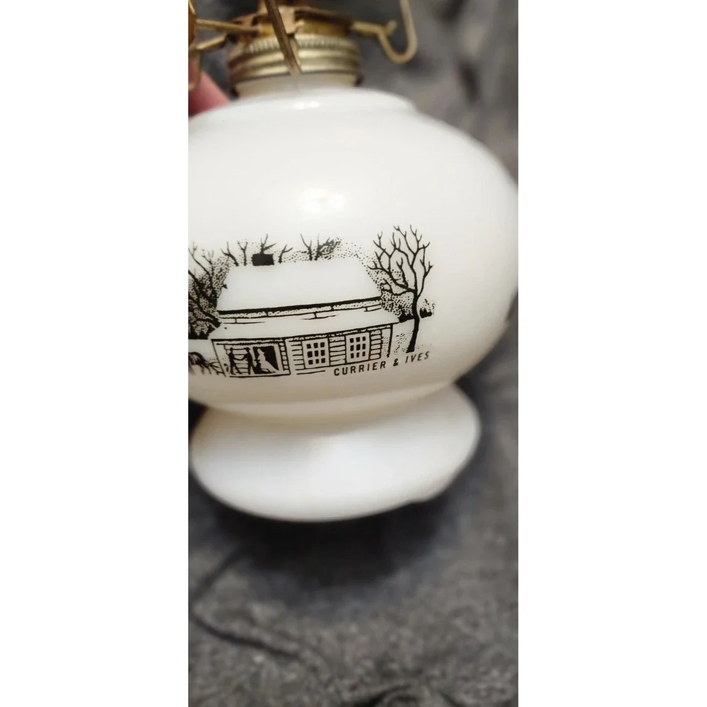 Vintage Currier & Ives Milk Glass Lantern Base Horses Farm Homestead  Rare
